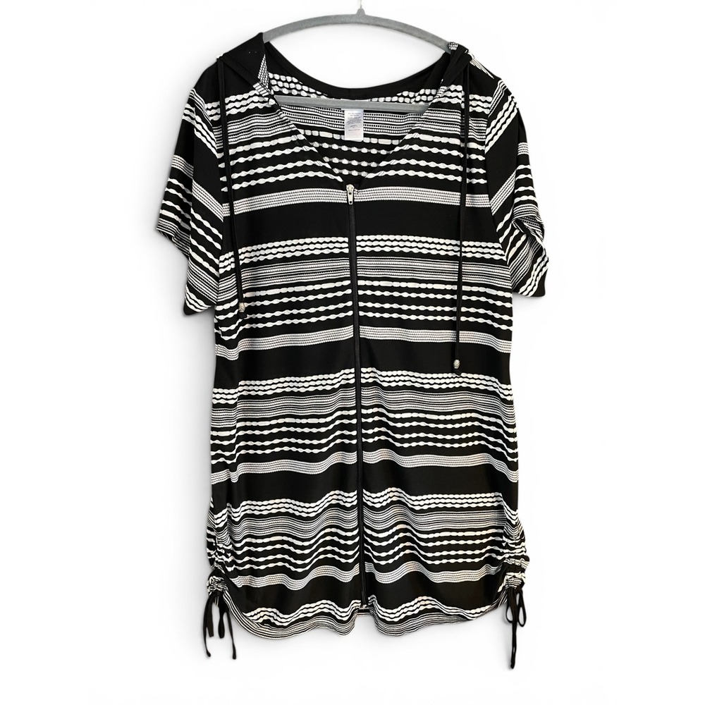 Dotti Ibiza Swim Cover Up Womens XL Black White Striped Hooded Zip Ruched Sides